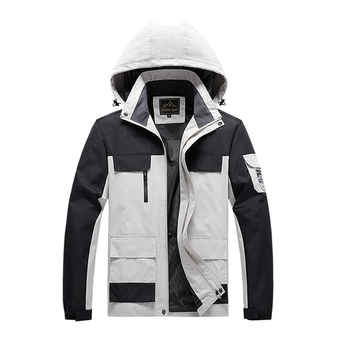 Outdoor Hooded Jacket 100% Polyester Waterproof Windproof Breathable Color Block Coat For Men Women Hiking Sport Windbreaker