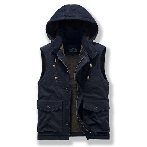 Men's Winter Workwear Hooded Vest Warm Fleece Lined Cotton Padded Jacket Loose Utility Multi Pocket Outdoor Casual Waistcoat