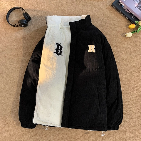 Veste Réversible en Velours Côtelé et Velours d'Agneau pour Hommes Col Montant Manteau d'Hiver Rembourré Ample pour Adolescents Adultes