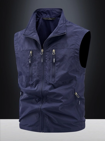 Men's Lightweight Outdoor Cargo Vest Multi-Pocket Quick Dry Breathable Stand Collar Gilet Fishing Photography Vest Top