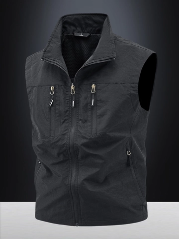 Men's Lightweight Outdoor Cargo Vest Multi-Pocket Quick Dry Breathable Stand Collar Gilet Fishing Photography Vest Top