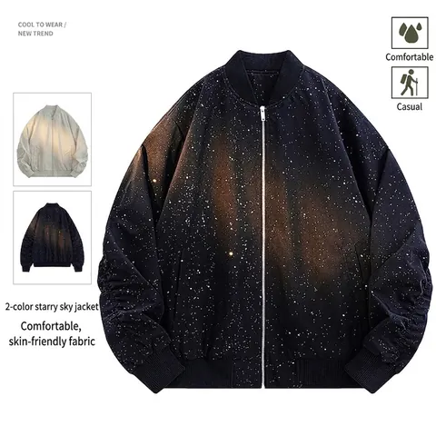 Veste Bomber Décontractée pour Hommes Imprimé Ciel Étoilé Polyester Léger Coupe-vent Bords-côtes Zippé Vêtement d'Extérieur