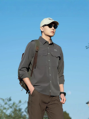Camisa Cargo para Hombre Táctica de Manga Larga Top Exterior Transpirable Mezcla de Nailon y Elastano Camisa de Trabajo Casual Con Bolsillos Dobles