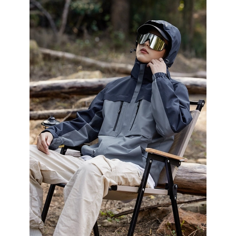 Unisex Outdoor Shell Jacket Windproof Waterproof Polyester Color Block Hooded Coat For Camping Hiking Travel Sportswear