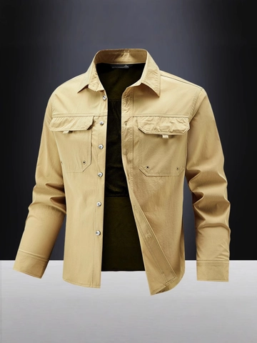 Camisa Cargo para Hombre Táctica de Manga Larga Top Exterior Transpirable Mezcla de Nailon y Elastano Camisa de Trabajo Casual Con Bolsillos Dobles