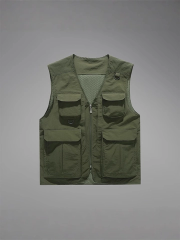 Men Multi Pocket Cargo Vest Nylon Mesh Tactical Fishing Photography Outdoor Casual Utility Workwear Sleeveless Jacket