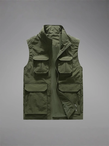 Gilet Utility Cargo da Uomo con Multitasche Leggero in Nylon Traspirante Fodera in Rete Collo in Piedi per Pesca Fotografia Escursionismo