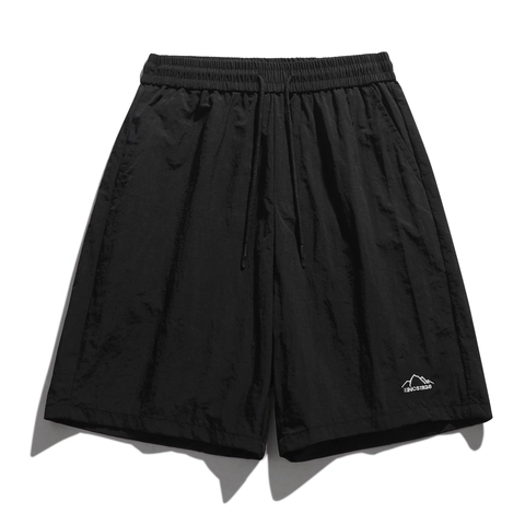 Men Casual Shorts Summer Quick-Dry 100% Nylon Elastic Waist Drawstring Outdoor Beach Straight Pants Mountain Embroidery