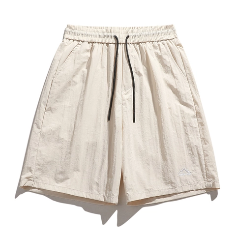 Men Casual Shorts Summer Quick-Dry 100% Nylon Elastic Waist Drawstring Outdoor Beach Straight Pants Mountain Embroidery