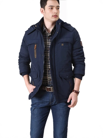 Men Outdoor Padded Parka Jacket Detachable Hood Multi Pocket Windproof Warm Winter Fleece Lined Casual Coat Workwear Top