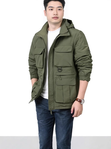Herren Outdoor Multi-Pocket Workwear Jacke Nylon Winddicht Abnehmbare Kapuze Mantel Lässig Warm Cargo Jacke Zum Wandern