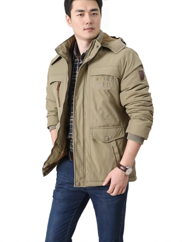 Men Outdoor Padded Parka Jacket Detachable Hood Multi Pocket Windproof Warm Winter Fleece Lined Casual Coat Workwear Top