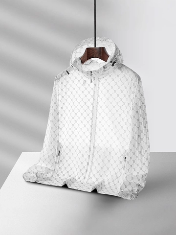 Veste de Protection Solaire à Capuche pour Homme Légère Respirante Imprimé Monogramme Coupe-Vent Mince Sport d'Extérieur Pêche Casual Été