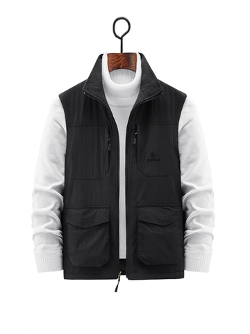 Men Reversible Fleece Lined Vest Outdoor Multi Pocket Stand Collar Jacket Thick Warm Sleeveless Gilet Casual Work Outerwear