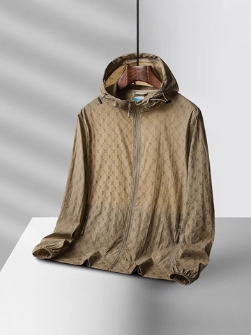 Veste de Protection Solaire à Capuche pour Homme Légère Respirante Imprimé Monogramme Coupe-Vent Mince Sport d'Extérieur Pêche Casual Été