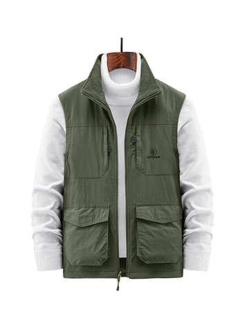 Men Reversible Fleece Lined Vest Outdoor Multi Pocket Stand Collar Jacket Thick Warm Sleeveless Gilet Casual Work Outerwear