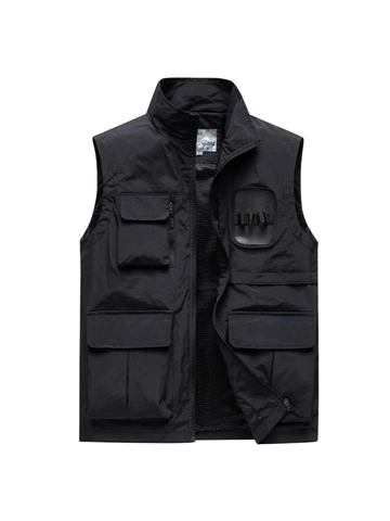 Men's Outdoor Multi-Pocket Fishing Photography Vest Stand Collar Casual Cargo Workwear Sleeveless Jacket Polyester Waistcoat