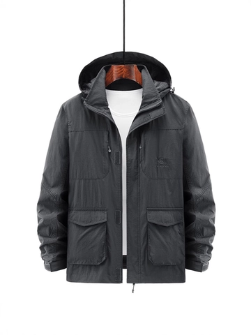 Men Outdoor Hooded Jacket Windproof Waterproof Multi-Pocket Cargo Coat Sporty Casual Soft Breathable Nylon Polyester Outerwear