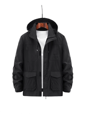 Men Outdoor Hooded Jacket Windproof Waterproof Multi-Pocket Cargo Coat Sporty Casual Soft Breathable Nylon Polyester Outerwear