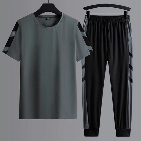 Ensemble de Sport Décontracté pour Hommes Satin de Glace T-Shirt à Séchage Rapide et Pantalon Long Survêtement pour Course Été