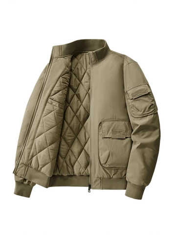 Men Flight Bomber Jacket Polyester Padded Stand Collar Multi Pockets Workwear Outerwear Zip Up Quilted Lining Coat