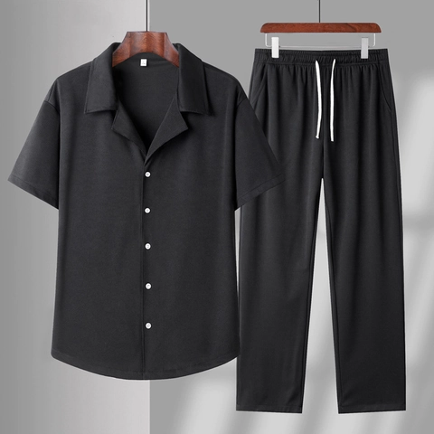 Men Casual Set Short Sleeve Lapel Button Shirt And Long Pants Ribbed Texture Breathable Quick Dry Summer Outdoor Outfits
