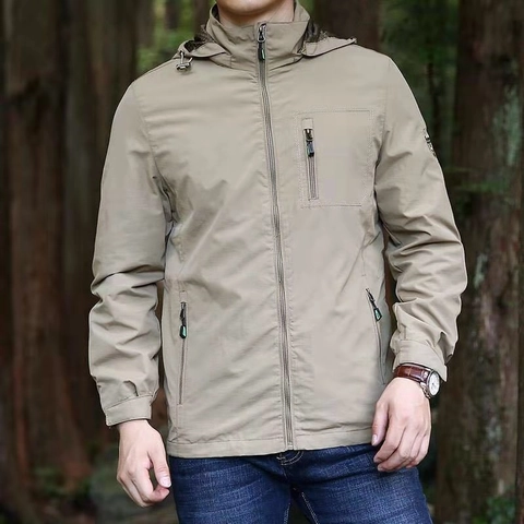 Men Hooded Outdoor Jacket Lightweight Windbreaker Multi Pocket Work Coat Casual Activewear Nylon Outerwear Spring Autumn