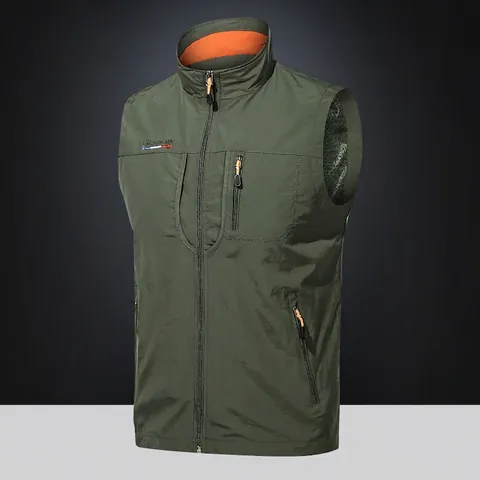 Men Outdoor Utility Vest Nylon Multi Pocket Stand Collar Waistcoat Windproof Casual Sleeveless Jacket For Fishing Travel