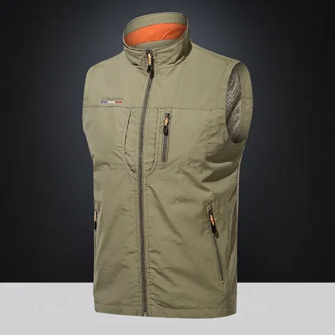 Men Outdoor Utility Vest Nylon Multi Pocket Stand Collar Waistcoat Windproof Casual Sleeveless Jacket For Fishing Travel
