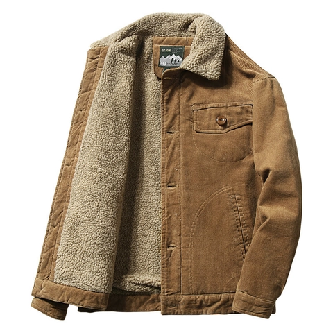 Men Corduroy Padded Jacket With Sherpa Lined Fleece Warm Winter Workwear Cargo Coat Turn Down Collar Button Front Outerwear
