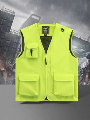 Men's Outdoor Multi-pocket Utility Vest Polyester Quick-dry Mesh Lining V-neck Zipper Waistcoat For Fishing Photography