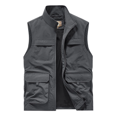 Men Outdoor Fishing Vest Multi Pocket Stand Collar Breathable Mesh Lining Windproof Hiking Photography Gilet Waistcoat