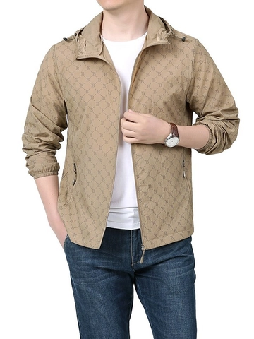 Men's Hooded Windbreaker Jacket Monogram Print Lightweight Sun Protection Outdoor Zip Up Sport Coat Breathable Summer Outwear