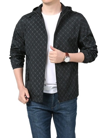 Men's Hooded Windbreaker Jacket Monogram Print Lightweight Sun Protection Outdoor Zip Up Sport Coat Breathable Summer Outwear