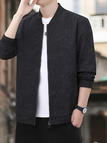 Veste Bomber Décontractée pour Hommes Avec Motif de Feuilles Tropicales Col Montant Coupe-Vent Léger Manteau pour Printemps Automne Mode Outwear