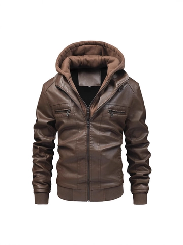 Giacca con Cappuccio in Pelle PU Retrò da Uomo Casual Antivento Foderata in Pile Moto con Cerniere Polsini a Costine