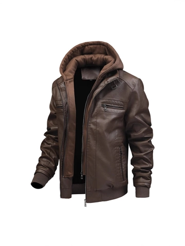 Giacca con Cappuccio in Pelle PU Retrò da Uomo Casual Antivento Foderata in Pile Moto con Cerniere Polsini a Costine