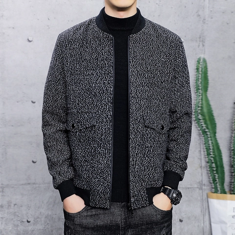 Herren Mode Wollmischung Bomberjacke Casual Stehkragen Tweed Textur Oberbekleidung Herbst Winter Rippstrick Reißverschluss Mantel