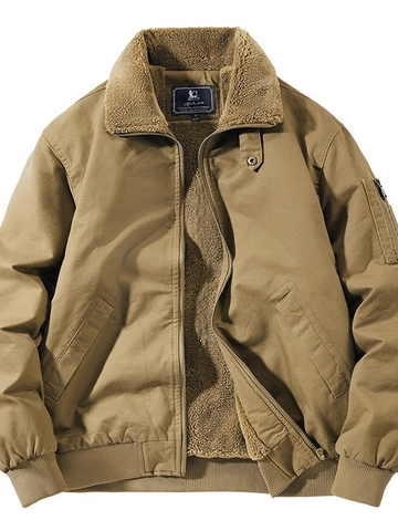 Men's Casual Cotton Bomber Jacket With Fleece Lining And Faux Fur Collar Warm Thickened Winter Workwear Coat Outwear