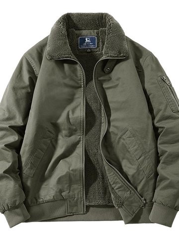 Men's Casual Cotton Bomber Jacket With Fleece Lining And Faux Fur Collar Warm Thickened Winter Workwear Coat Outwear