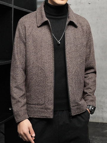 Men's Business Casual Wool Blend Jacket Herringbone Pattern Lapel Full Zip Regular Fit Outerwear Coat For Spring Autumn