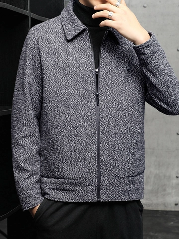 Men's Business Casual Wool Blend Jacket Herringbone Pattern Lapel Full Zip Regular Fit Outerwear Coat For Spring Autumn