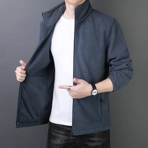 Men's Winter Thickened Polar Fleece Jacket Stand Collar Zipper Solid Color Warm Casual Jacket Coat For Middle-Aged Men