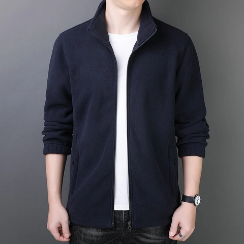 Men's Winter Thickened Polar Fleece Jacket Stand Collar Zipper Solid Color Warm Casual Jacket Coat For Middle-Aged Men