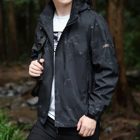 Veste à Capuche d'Extérieur pour Hommes Coupe-vent Imperméable Camouflage Géométrique Capuche Amovible Manteau Sport