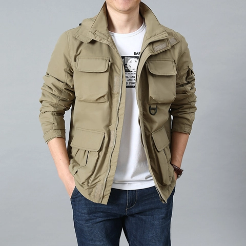 Giacca Cargo Tattica da Uomo Antivento Foderata in Pile Collo Alto Cappuccio Multi Tasca Outdoor Casual Caldo Cappotto Resistente
