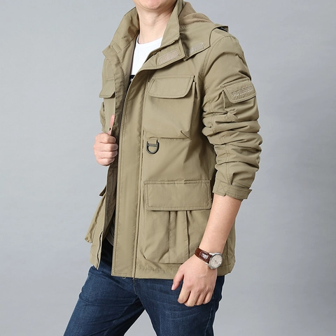 Giacca Cargo Tattica da Uomo Antivento Foderata in Pile Collo Alto Cappuccio Multi Tasca Outdoor Casual Caldo Cappotto Resistente