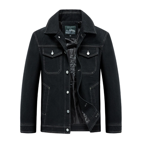 Men's Casual Denim Jacket Cotton Blend Contrast Stitching Workwear Coat With Map Print Lining Button Down Outerwear