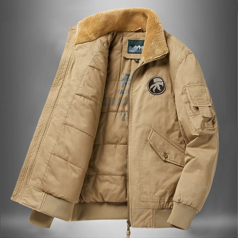 Men's Winter Padded Bomber Jacket With Faux Lamb Wool Collar Casual Workwear Outerwear Warm Windproof Cotton Blend Coat