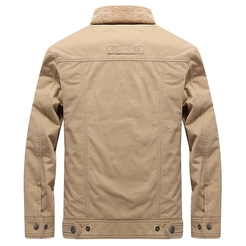 Men Winter Fleece Lined Cotton Jacket Thickened Warm Workwear Coat With Lapel Multi Pocket Casual Military Style Outerwear